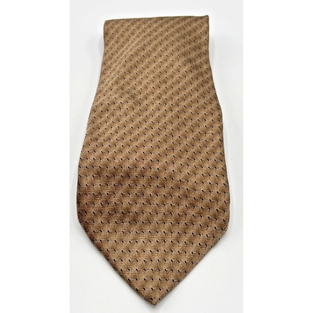 NEO Bill Blass Men's Silk Tie Beige Tan Navy Blue Geometric Basketweave